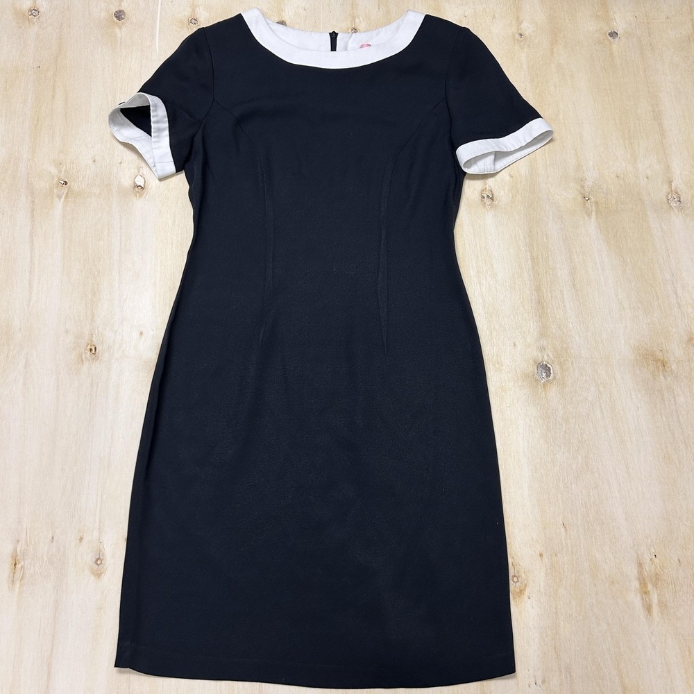 Vintage 90s Dani Max Dress Womens 8 Black White Sheath Short Sleeve Knee Length
